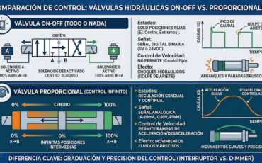 ¿Qué diferencia de control existe entre las válvulas hidráulicas de encendido/apagado (on-off) y las válvulas hidráulicas proporcionales?
