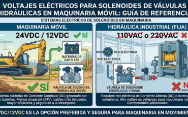 ¿Qué voltaje eléctrico (12VDC, 24VDC, 110VAC) es el más utilizado en los solenoides de las válvulas hidráulicas de maquinaria móvil?