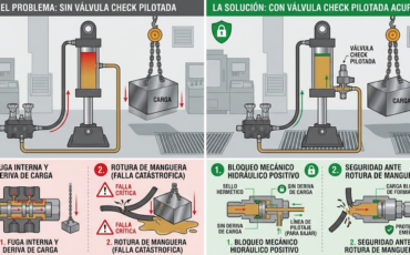 ¿Por qué se debe instalar una válvula check piloto acoplada a las válvulas hidráulicas principales para bloquear cargas suspendidas?