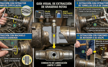 ¿Qué herramientas especiales (como los extractores de niples) se usan para remover graseras degolladas o rotas en los ejes?