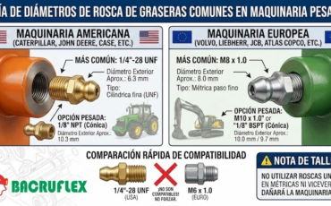 ¿Qué diámetro de rosca es el más habitual en las graseras empleadas en maquinaria pesada de marcas americanas y europeas?