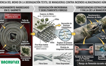 ¿Cómo influye el moho en la degradación textil de las mangueras contra incendio si se guardan estando húmedas en el gabinete?