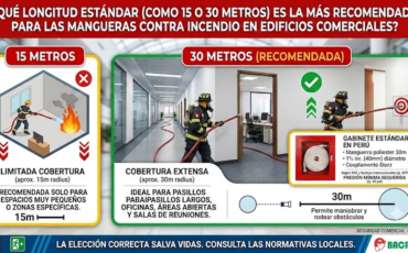 ¿Qué longitud estándar (como 15 o 30 metros) es la más recomendada para las mangueras contra incendio en edificios comerciales?