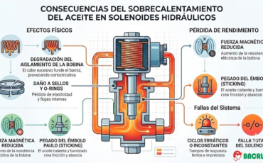 ¿Cuáles son las consecuencias de un sobrecalentamiento del aceite en los solenoides eléctricos de las válvulas hidráulicas de control?
