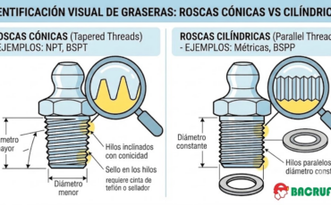 ¿Cómo se identifica visualmente si las graseras instaladas corresponden a hilos de rosca cónicos o roscas cilíndricas directas?