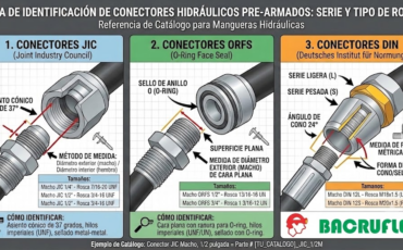 ¿Cómo se identifica la serie y el tipo de rosca (como JIC, ORFS, o DIN) en los conectores pre armados para mangueras hidráulicas de nuestro catálogo?
