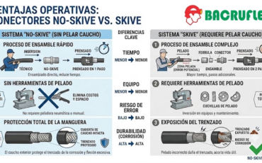 ¿Qué ventajas operativas ofrecen los conectores pre armados para mangueras hidráulicas de diseño «no-skive» frente a los que requieren pelar el caucho exterior?