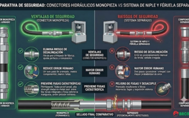 ¿Qué ventajas de seguridad ofrecen los conectores pre armados para mangueras hidráulicas monopieza frente a los sistemas de niple y férula separados?