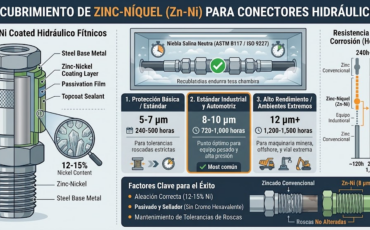 ¿Qué espesor de recubrimiento de zinc-niquel deben poseer los conectores prearmados para mangueras hidráulicas para resistir la niebla salina?