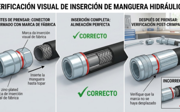 ¿Cómo ayudan las marcas de inserción visuales de fábrica a verificar que la manguera entró por completo en los conectores prearmados para mangueras hidráulicas?