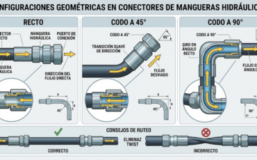 ¿Qué tipos de configuraciones geométricas (rectos, codos a 45° o 90°) están disponibles en los conectores prearmados para mangueras hidráulicas?