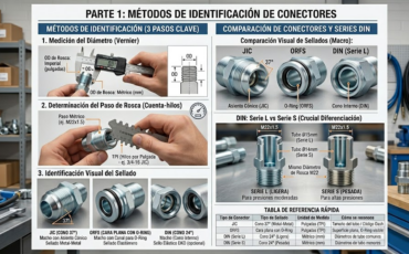 ¿Cómo se identifica la serie y el tipo de rosca (como JIC, ORFS, o DIN) en los conectores pre armados para mangueras hidráulicas de nuestro catálogo?