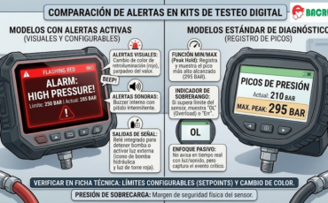 ¿El kit de testeo digital para prueba de presión emite alertas visuales o sonoras en la pantalla cuando el circuito supera los límites seguros?