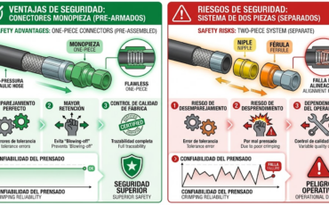 ¿Qué ventajas de seguridad ofrecen los conectores pre armados para mangueras hidráulicas monopieza frente a los sistemas de niple y férula separados?