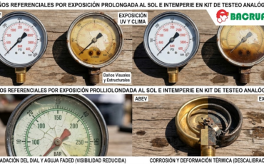 ¿Cómo afecta la exposición prolongada al sol e intemperie a las carátulas e indicadores del kit de testeo analógico para prueba de presión?