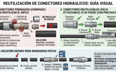 ¿Se puede reutilizar la porción del niple de los conectores pre armados para mangueras hidráulicas si la manguera se rompe en otra sección?