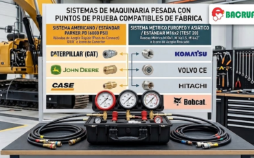 ¿Qué marcas de maquinaria pesada traen de fábrica los puntos de conexión compatibles con nuestro kit de testeo analógico para prueba de presión?