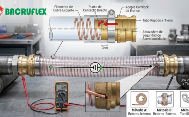 ¿Cómo se debe conectar físicamente el filamento metálico de la manguera con espiral de cobre a los acoples de los extremos para garantizar la continuidad?
