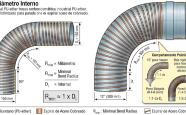 ¿Cuál es la flexibilidad y el radio de curvatura mínimo que ofrece la manguera con espiral de cobre en diámetros grandes de aspiración?
