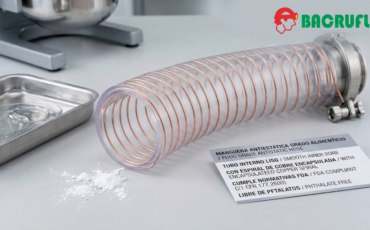 ¿La manguera con espiral de cobre es apta para transportar alimentos líquidos o polvos farmacéuticos según las normativas FDA?