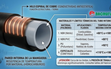 ¿Qué temperatura máxima de fluidos o solventes hidrocarburos tolera la pared interna de la manguera con espiral de cobre?