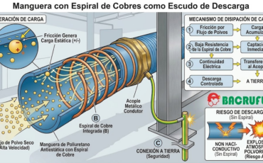¿Por qué el filamento de la manguera con espiral de cobre actúa como un escudo de descarga contra la fricción electrostática de los polvos secos?