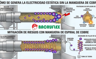 ¿Qué riesgos de explosión por polvo combustible se mitigan directamente al emplear la manguera con espiral de cobre en silos de almacenamiento?